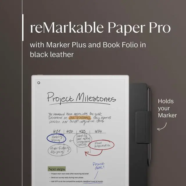Alt view image 2 of 5 - reMarkable Paper Pro Bundle - Premium Leather | Includes 11.8" reMarkable Paper Tablet, Marker Plus Pen with Eraser, and a Book Folio Cover in Black Leather