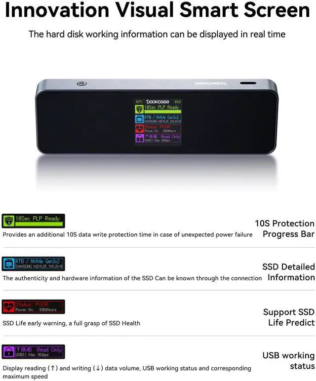 Alt view image 2 of 5 - Visual Smart NVMe SSD Enclosure (with Black Silicone Case), Supports 10s PLP, USB 3.2 Gen 2 Type-C, Compatible with NVMe PCIe, 2230/2242/2260/2280, Supports M-Key and B+M Key, UASP