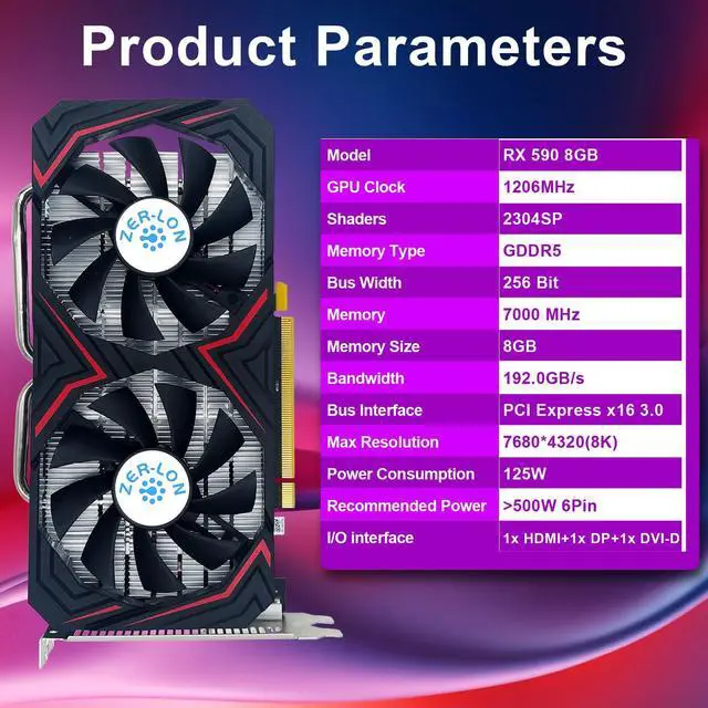 Alt view image 2 of 5 - ZER-LON Radeon RX 590 8GB GME Graphics Card, 2304SP GDDR5 256 Bit PCIE 3.0X16 Computer Gaming Gpu, Dual Freeze Fans Video Card with HDMI/DP/DVI Ports Support 8K