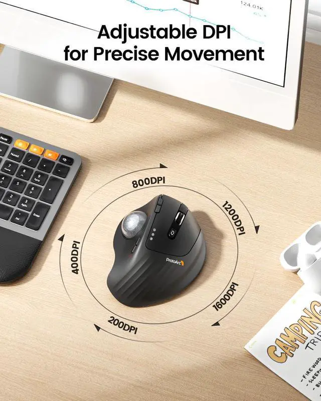 Alt view image 5 of 5 - ProtoArc Wireless Trackball Mouse, EM01 NL Ergonomic Bluetooth Rollerball Thumb Rechargeable Computer Laptop Mouse, Adjustable Angle & 3 Device Connection for PC, Mac, Windows-Silver Ball
