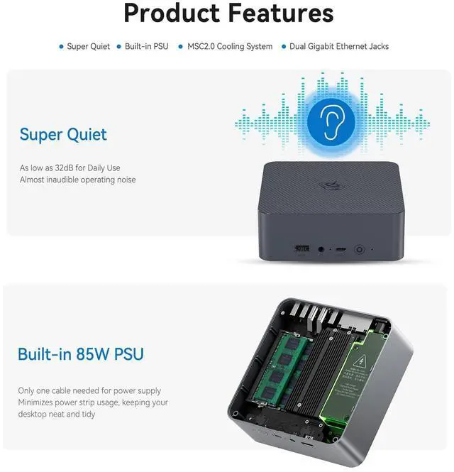Alt view image 2 of 5 - Beelink EQI12 Mini PC,12th Gen Core i3-1220P (10C/12T,up to 4.4GHz),Mini Computer with 16GB RAM 500GB M.2 2280 PCle 4.0x4 SSD,4K Dual Screen Display/WiFi6/BT5.2/USB3.0/Dual Gigabit LAN