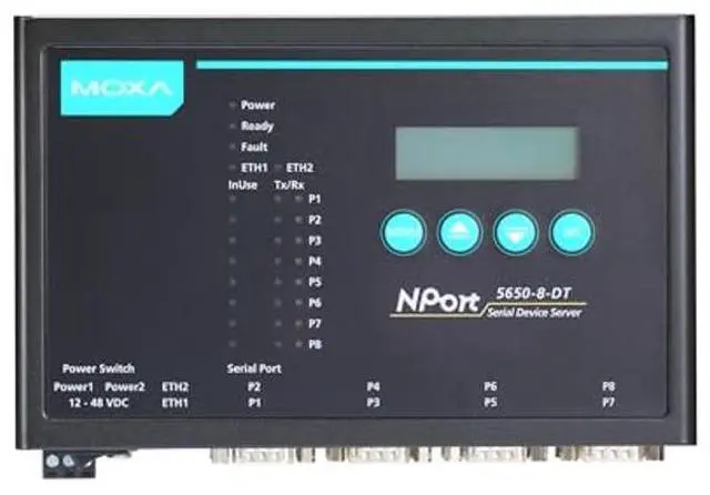 Alt view image 2 of 3 - MOXA NPort 5650-8-DT 8-Serial Port Serial Device Server, 10/100 Ethernet, RS-232/422/485, DB-9M, 15KV ESD, 12-48VDC, 110V Power Supply