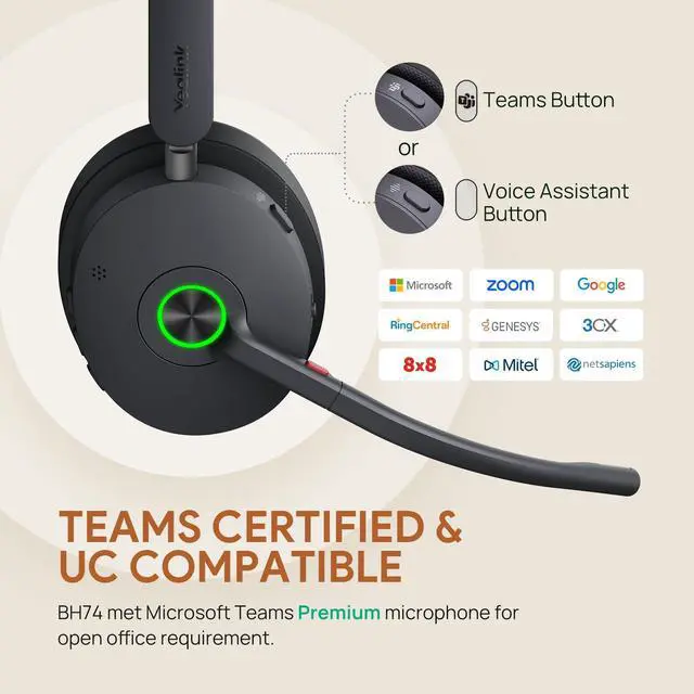 Alt view image 3 of 5 - Yealink BH74 with Stand Active Noise Canceling Wireless Headset with Mic for Work, 6-mics Hybrid ANC Microsoft Teams Premium Open Ofce Certified Headsets Bluetooth 5.3, up to 32h Talk, UC Compatible