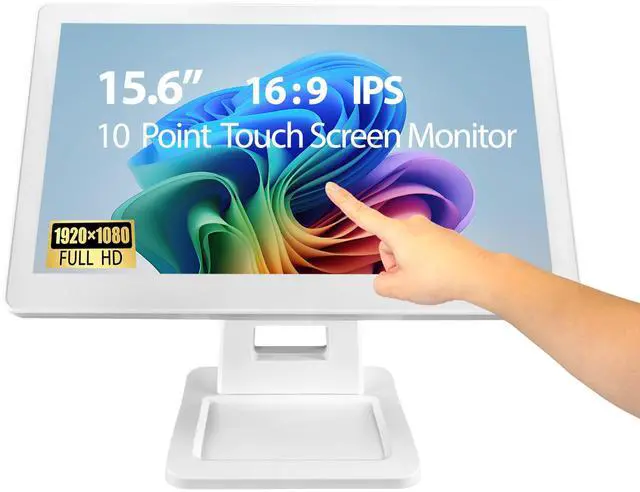 Main image of ANGEL POS 15.6 Inch 1920 x 1080 FHD IPS Touchscreen POS Monitor with Metal Stand, 10 Points Touch HDMI VGA, Waterproof Dustproof Screen 1080P, Indusitrial, Office, Retail, Gym, Warehouse (White)