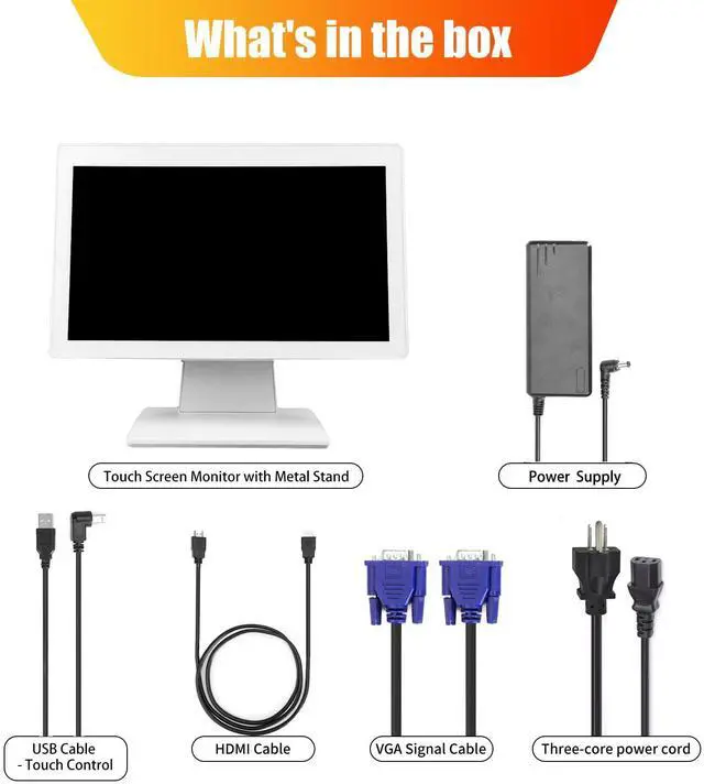 Alt view image 5 of 5 - ANGEL POS 15.6 Inch 1920 x 1080 FHD IPS Touchscreen POS Monitor with Metal Stand, 10 Points Touch HDMI VGA, Waterproof Dustproof Screen 1080P, Indusitrial, Office, Retail, Gym, Warehouse (White)