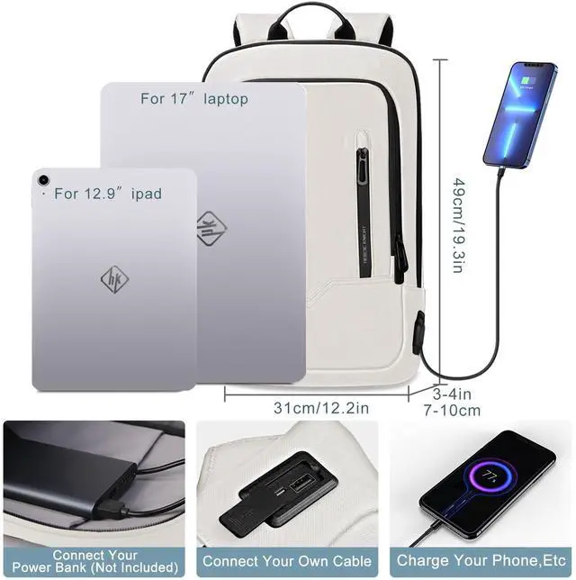 Alt view image 2 of 5 - hk Backpack for Men Business Slim Backpack with USB Charger Computer Lightweight Anti-theft Travel (White, 17.3 Inch)