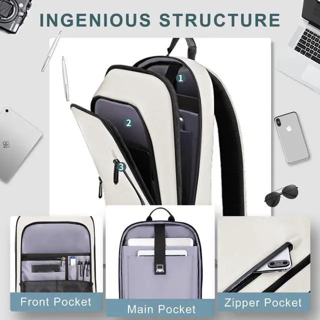 Alt view image 3 of 5 - hk Backpack for Men Business Slim Backpack with USB Charger Computer Lightweight Anti-theft Travel (White, 17.3 Inch)