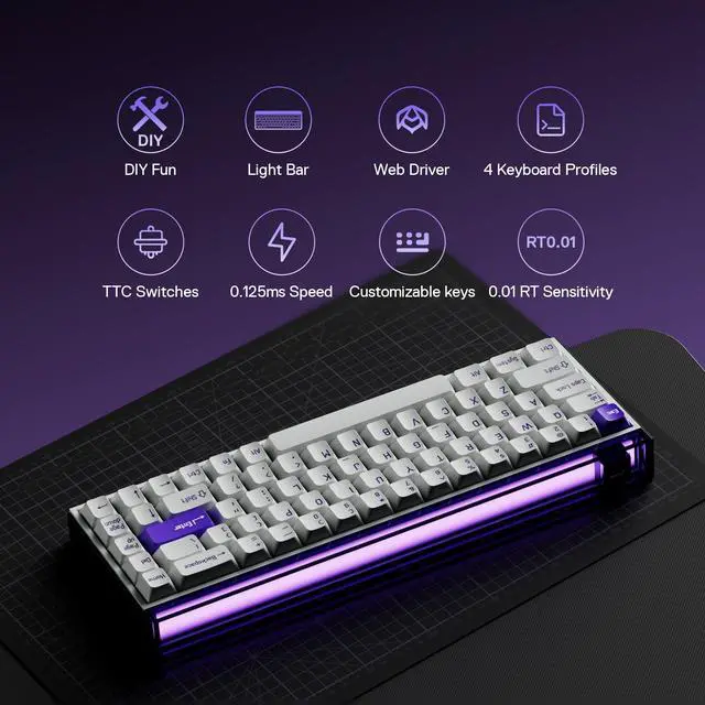 Alt view image 2 of 5 - MelGeek MADE68 Pro Wired Keyboard, Hall Effect Magnetic Switch Gaming Keyboard, 65% Compact Rapid Trigger, Hot-Swappable, RGB Snap Tap & Adjustable Actuation, Online HIVE Custom (Purple)