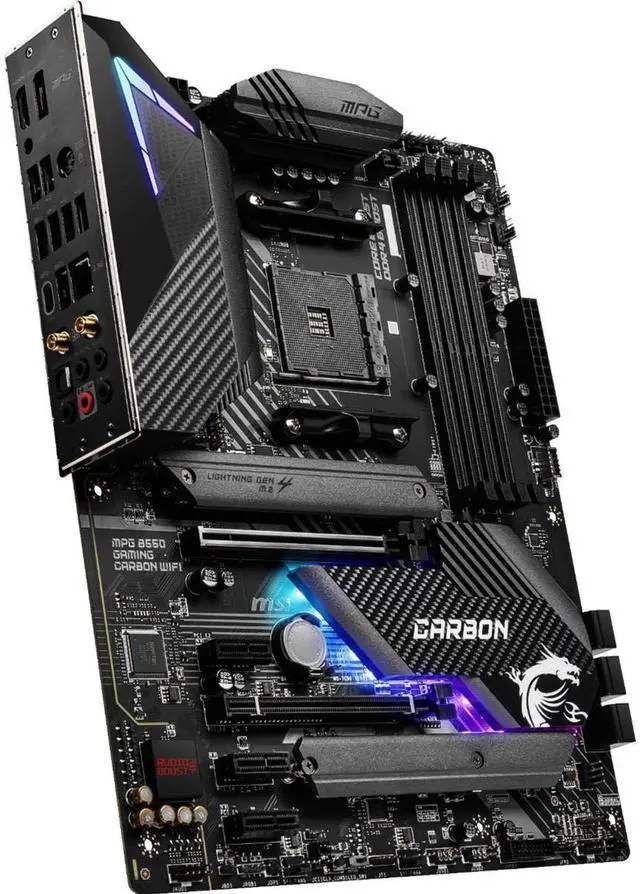 Main image of MSI MPG B550 GAMING CARBON WIFI Gaming Motherboard (AMD AM4, DDR4, PCIe 4.0, SATA 6Gb/s, Dual M.2, USB 3.2 Gen 2, HDMI/DP, Wi-Fi 6 AX, ATX, AMD Ryzen 5000 Series processors)