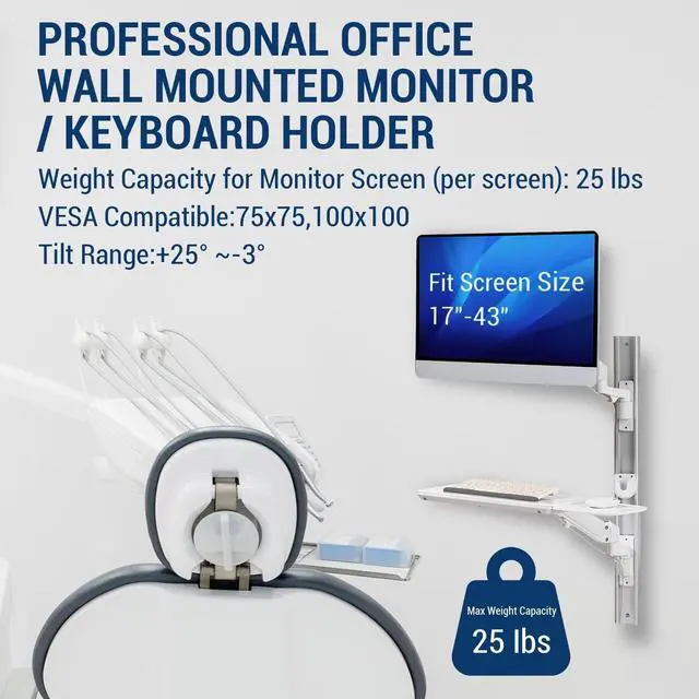 Alt view image 2 of 5 - MyGift White Metal Healthcare Wall Mounting Arm Monitor Stand with Articulating Arm, Keyboard Tray Extension and Mouse Holder for Medical or Dental Clinics, Fits up to 43" Monitor