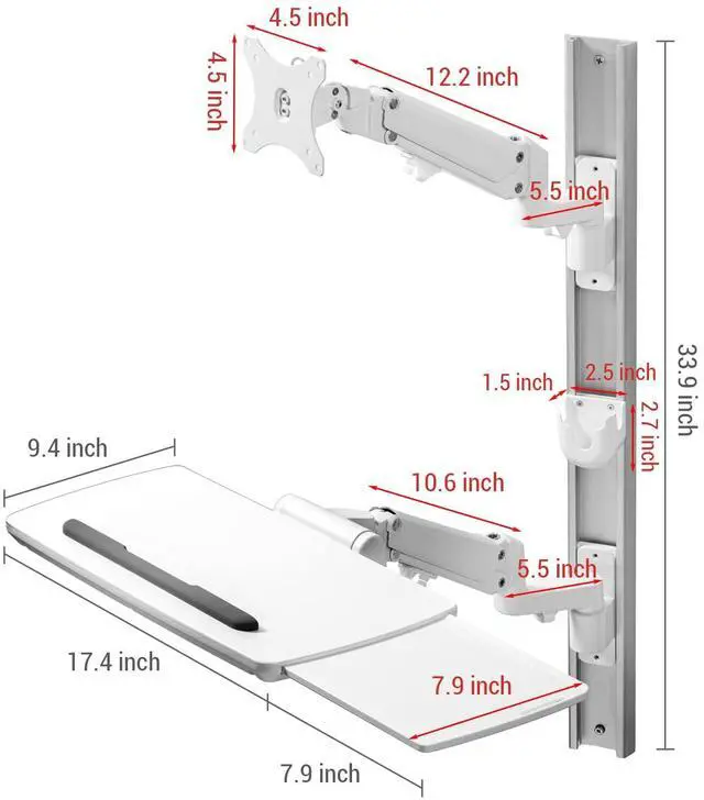 Alt view image 4 of 5 - MyGift White Metal Healthcare Wall Mounting Arm Monitor Stand with Articulating Arm, Keyboard Tray Extension and Mouse Holder for Medical or Dental Clinics, Fits up to 43" Monitor