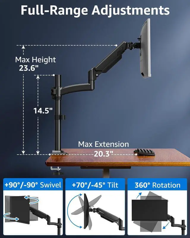 Alt view image 4 of 5 - Single Monitor Arm for 13-32inch, Monitor Mount Desk Monitor Stand Holds Max 22lbs, Height Adjustable Monitor Mount, Full-Motion Monitors Desk Mount with C-Clamp&Grommet Base, Freelift Black