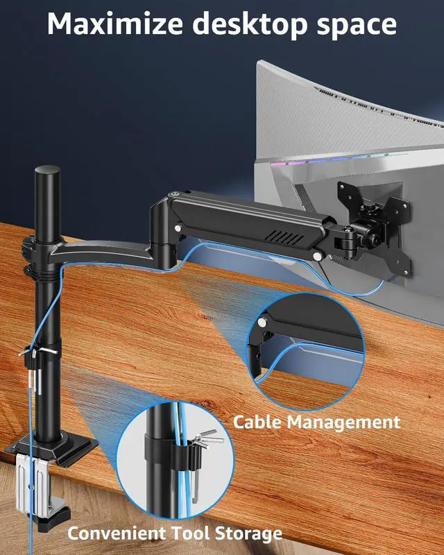 Alt view image 5 of 5 - Single Monitor Arm for 13-32inch, Monitor Mount Desk Monitor Stand Holds Max 22lbs, Height Adjustable Monitor Mount, Full-Motion Monitors Desk Mount with C-Clamp&Grommet Base, Freelift Black