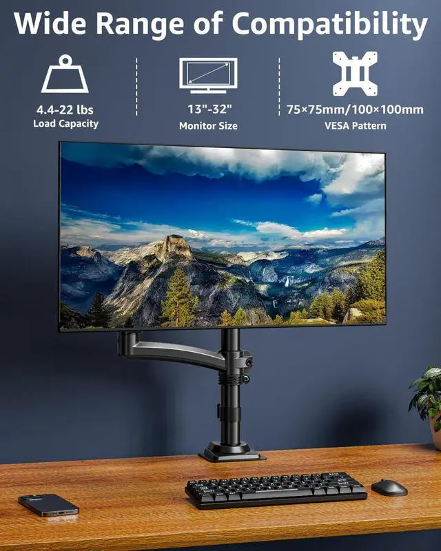 Alt view image 3 of 5 - Single Monitor Arm for 13-32inch, Monitor Mount Desk Monitor Stand Holds Max 22lbs, Height Adjustable Monitor Mount, Full-Motion Monitors Desk Mount with C-Clamp&Grommet Base, Freelift Black