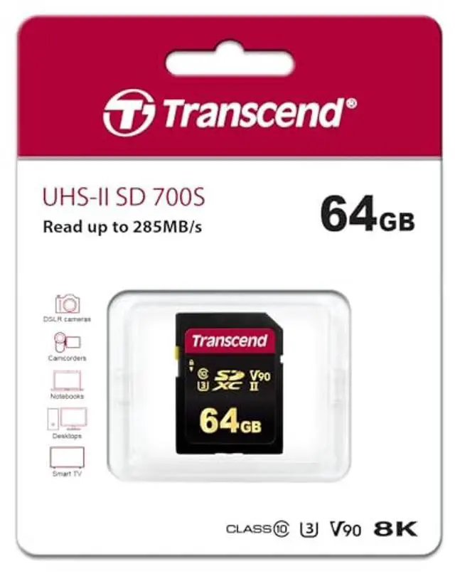 Alt view image 2 of 5 - Transcend TS64GSDC700S 64GB UHS-II U3 V90 SDHC Flash Memory Card