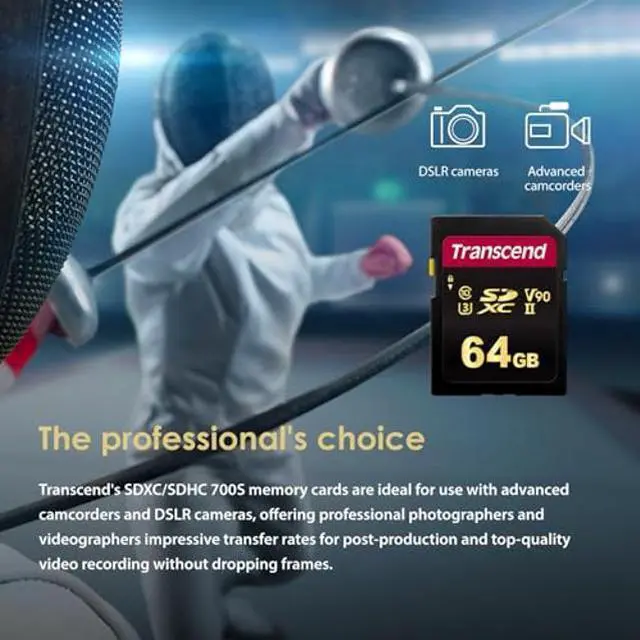 Alt view image 4 of 5 - Transcend TS64GSDC700S 64GB UHS-II U3 V90 SDHC Flash Memory Card