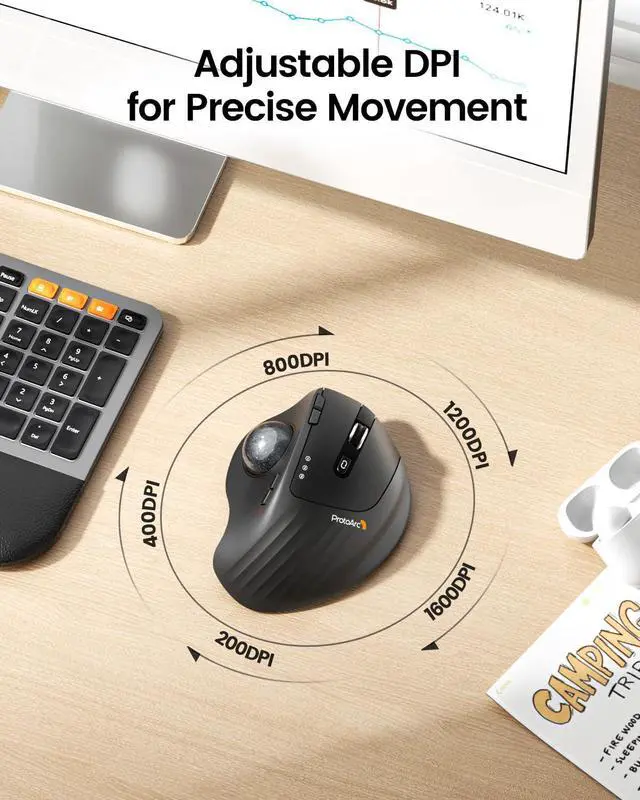 Alt view image 5 of 5 - ProtoArc Wireless Trackball Mouse, EM01 NL Ergonomic Bluetooth Rollerball Thumb Rechargeable Computer Laptop Mouse, Adjustable Angle & 3 Device Connection for PC, Mac, Windows-Gray Ball