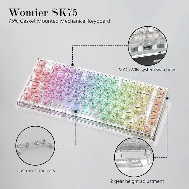 Alt view image 2 of 5 - Womier 75% Mechanical Gaming Keyboard - Gasket Mount SK75 82 Keys Custom RGB Backlit With Detachable Aviator Coiled Cable Type C to USB A Mix 5.9in