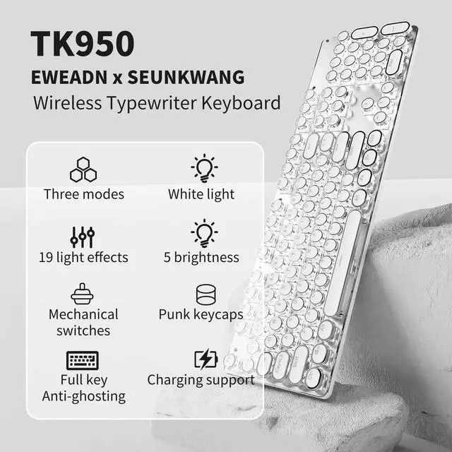Alt view image 2 of 5 - EWEADN TK950 Wireless Typewriter Keyboard and Mouse Combo,104 Keys Retro Typewriter Mechanical Keyboard with White Backlit, Anti-Ghosting, Blue Switch, Bluetooth/2.4G/Wired Cute Gaming Keyboards-White