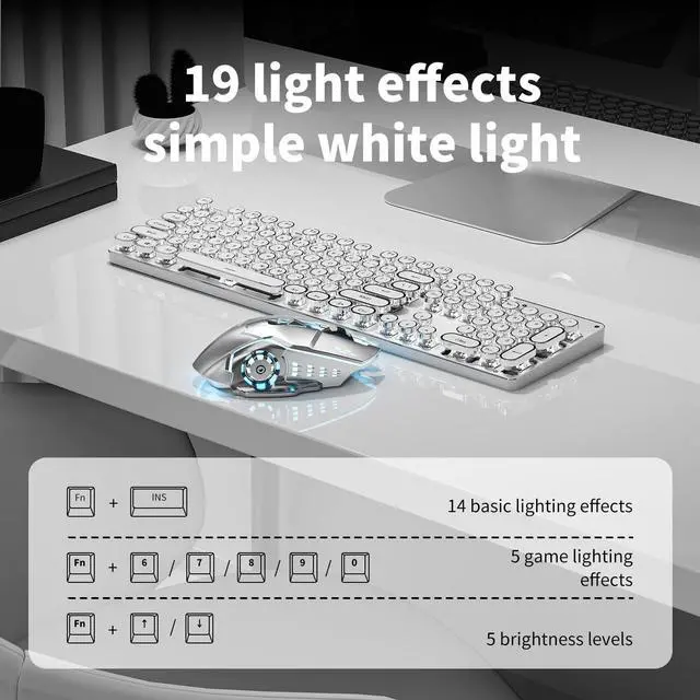 Alt view image 4 of 5 - EWEADN TK950 Wireless Typewriter Keyboard and Mouse Combo,104 Keys Retro Typewriter Mechanical Keyboard with White Backlit, Anti-Ghosting, Blue Switch, Bluetooth/2.4G/Wired Cute Gaming Keyboards-White