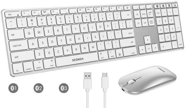 Main image of seenda Bluetooth Keyboard and Mouse for Mac, COS500 Multi-Device Rechargeable Keyboard Mouse with Quiet Keys, Full Size Slim Combo Compatible for MacBook Pro/Air, Mac, iPad, iPhone - White Silver
