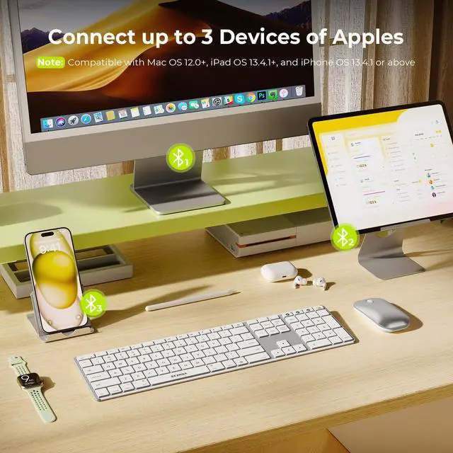 Alt view image 2 of 5 - seenda Bluetooth Keyboard and Mouse for Mac, COS500 Multi-Device Rechargeable Keyboard Mouse with Quiet Keys, Full Size Slim Combo Compatible for MacBook Pro/Air, Mac, iPad, iPhone - White Silver