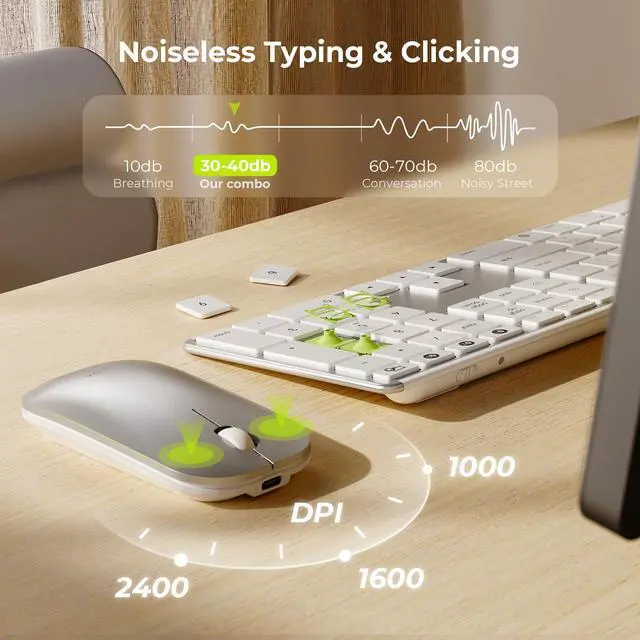 Alt view image 3 of 5 - seenda Bluetooth Keyboard and Mouse for Mac, COS500 Multi-Device Rechargeable Keyboard Mouse with Quiet Keys, Full Size Slim Combo Compatible for MacBook Pro/Air, Mac, iPad, iPhone - White Silver