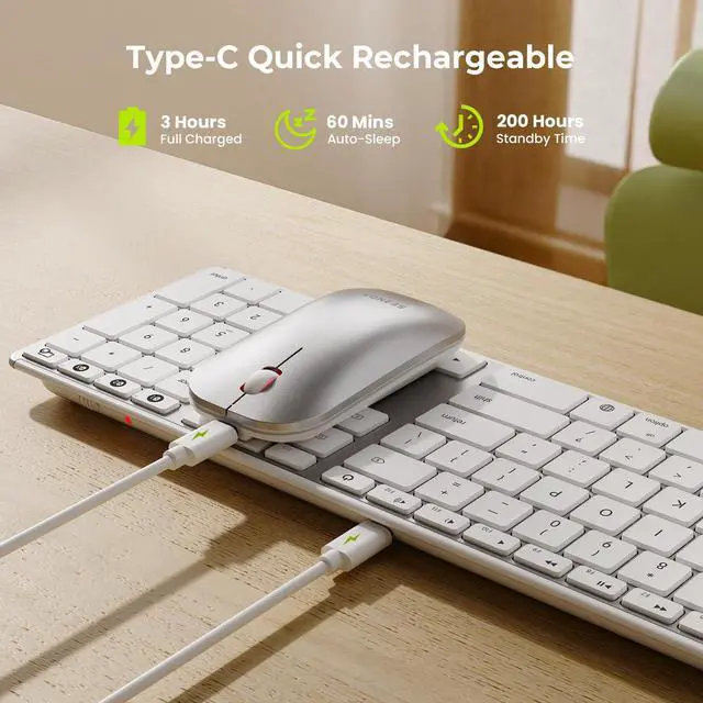 Alt view image 4 of 5 - seenda Bluetooth Keyboard and Mouse for Mac, COS500 Multi-Device Rechargeable Keyboard Mouse with Quiet Keys, Full Size Slim Combo Compatible for MacBook Pro/Air, Mac, iPad, iPhone - White Silver