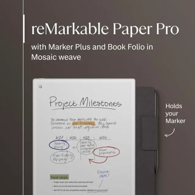 Alt view image 2 of 5 - reMarkable Paper Pro Bundle - Mosaic Weave | Includes 11.8" reMarkable Paper Tablet, Marker Plus Pen with Eraser, and a Book Folio Cover in Mosaic Weave - Basalt