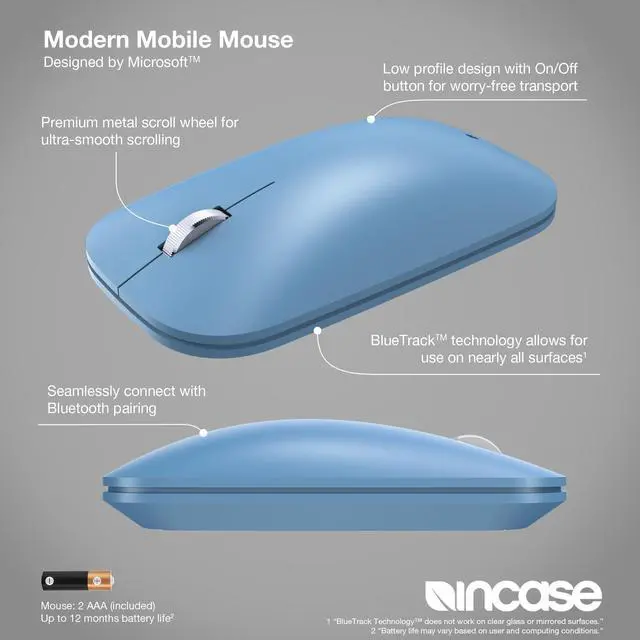 Alt view image 2 of 5 - Incase Modern Mobile Mouse - Designed by Microsoft - Lightweight, Precision Navigation, Right/Left Hand Use, Scroll Wheel, BlueTrack Technology, Wireless Bluetooth for Mac/Windows/8/10/11 (Sapphire)