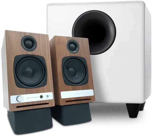 Main image of Audioengine A2 HD Walnut Home Music System with S8 White Subwoofer and DS1 Stands