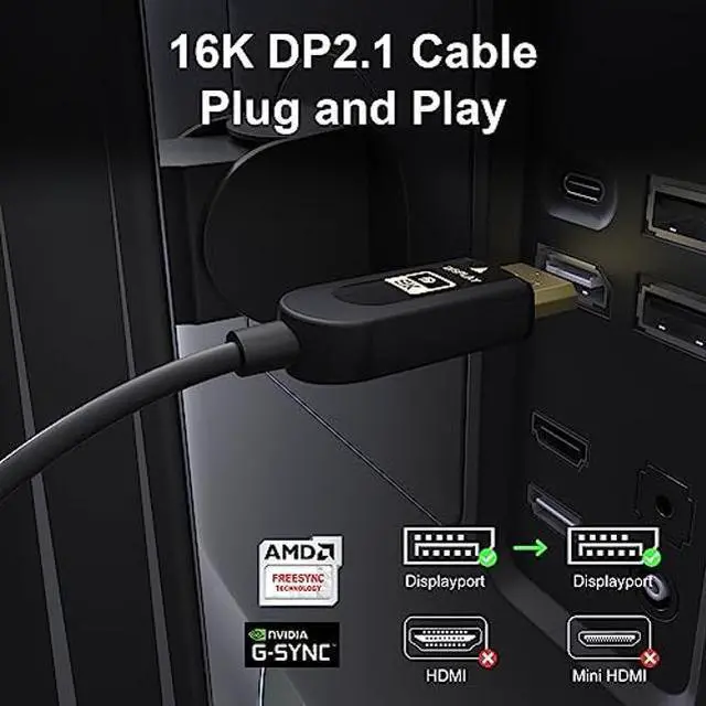 Alt view image 3 of 5 - FIBBR 16K Fiber Optic DisplayPort Cable 2.1, VESA Certified Active DP Cable 66ft, 40Gbps Display Port Cord Support 16K@30Hz, 10K@30Hz, 8K@60Hz, 4K@165Hz, HDR, HDCP2.2, DSC 1.2a for Gaming Monitor PC