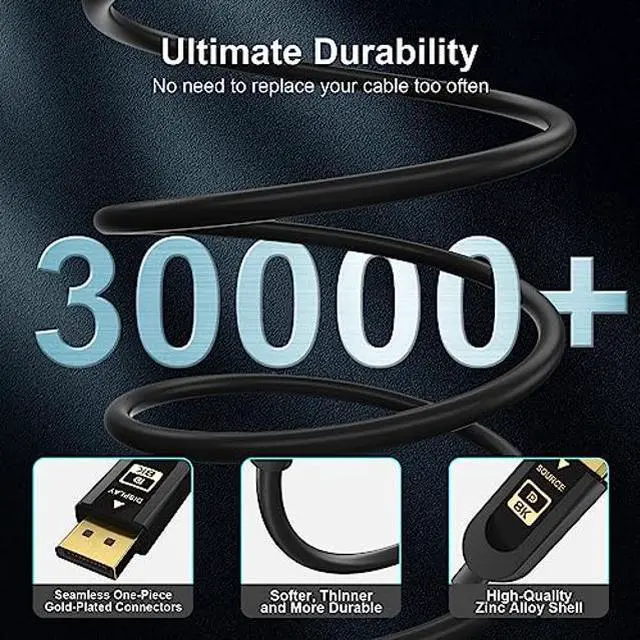 Alt view image 4 of 5 - FIBBR 16K Fiber Optic DisplayPort Cable 2.1, VESA Certified Active DP Cable 66ft, 40Gbps Display Port Cord Support 16K@30Hz, 10K@30Hz, 8K@60Hz, 4K@165Hz, HDR, HDCP2.2, DSC 1.2a for Gaming Monitor PC