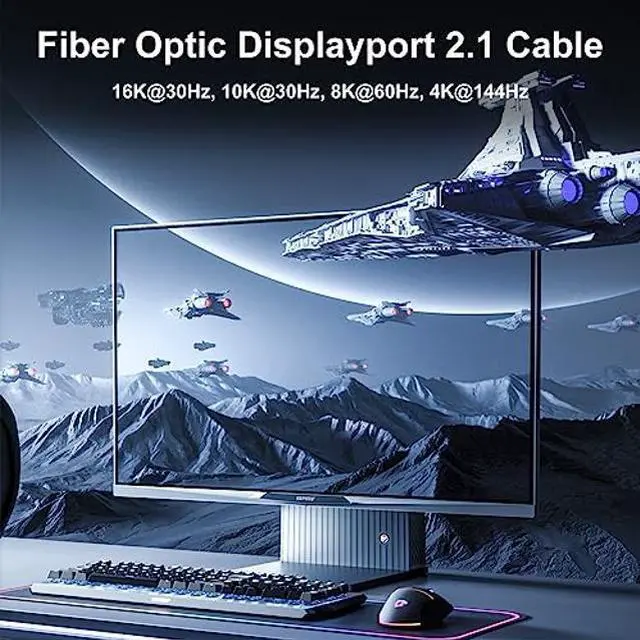 Alt view image 5 of 5 - FIBBR 16K Fiber Optic DisplayPort Cable 2.1, VESA Certified Active DP Cable 66ft, 40Gbps Display Port Cord Support 16K@30Hz, 10K@30Hz, 8K@60Hz, 4K@165Hz, HDR, HDCP2.2, DSC 1.2a for Gaming Monitor PC