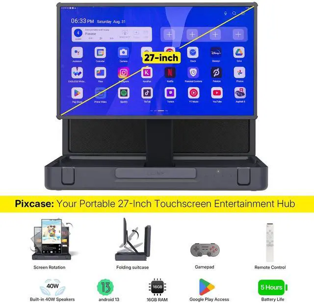 Alt view image 2 of 5 - MP Mobile Pixels 27" Pixcase Computer Monitor, 1080P Touchscreen with 16GB RAM, Google Play Access, 40W Speakers, Compact Suitcase Design, Gamepad & Remote Included, Windows/Mac/Switch/Consoles