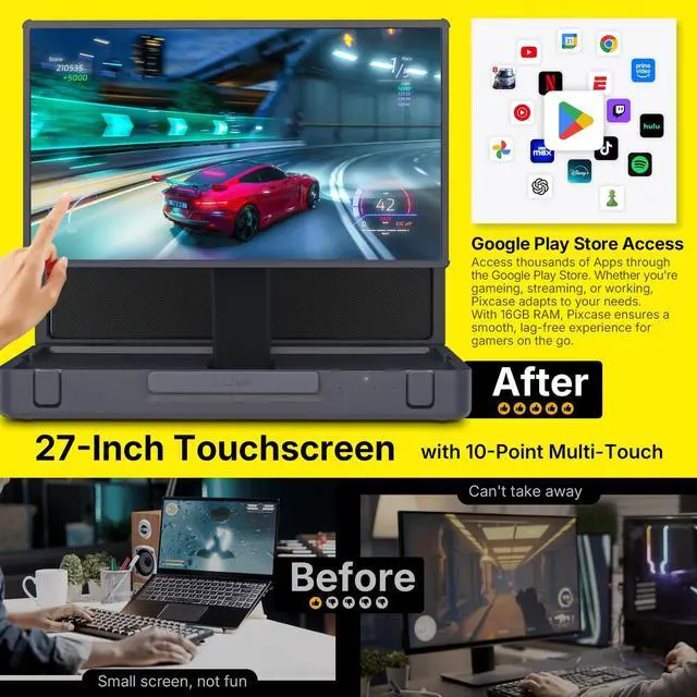 Alt view image 4 of 5 - MP Mobile Pixels 27" Pixcase Computer Monitor, 1080P Touchscreen with 16GB RAM, Google Play Access, 40W Speakers, Compact Suitcase Design, Gamepad & Remote Included, Windows/Mac/Switch/Consoles