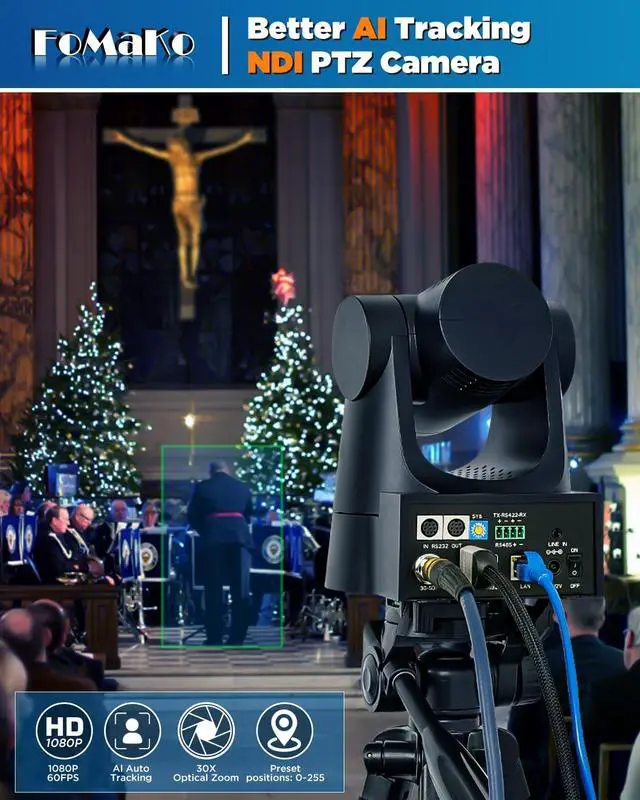 Alt view image 3 of 5 - FoMaKo NDI PTZ Camera, 30X Optical Zoom, AI Auto Tracking HDMI Camera for Church Worship Live Services Education Events PoE 1080P 60FPS (KN30A Pro) (Official NDI 6 & HX3 Certified)