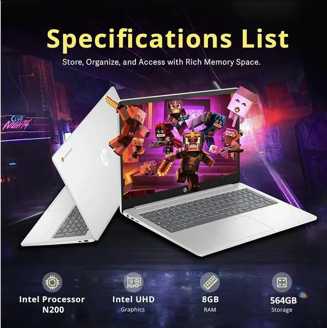 Alt view image 3 of 5 - HP Chromebook 2025 Premium Laptop Student Business, 15.6" HD Display, Quad-Core Intel N200 Processor, 8GB RAM, 564GB Storage (64GB eMMC+ 500GB Ext), UHD Graphics, Wi-Fi, Chrome OS +MarxsolAccessory