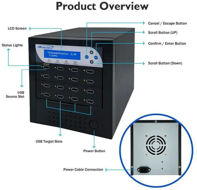 Alt view image 3 of 5 - Vinpower Compact USB 1 to 15 Multiple Pen Drive Memory Card USB Duplicator/Copier with Asynchronous Duplication, USBDBL-15T-BK