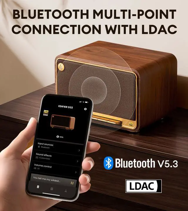 Alt view image 4 of 5 - Edifier D32 Tabletop Wireless Speaker, Hi-Res Audio, LDAC, ALAC, 60W (RMS), 2.1 Acoustic Architecture, 11h Playtime, APP Control, Bluetooth 5.3, AirPlay2, USB-C and AUX Inputs, Brown