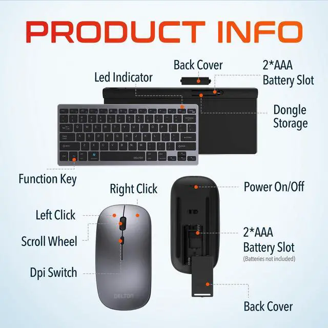 Alt view image 5 of 5 - Delton N35 Portable/Travel/Small Wireless Keyboard and Mouse Combo - Bluetooth & 2.4GHz, 3 Adjustable DPI (800/1200/1600), Compatible with PCs, laptops, macOS, and iOS - Black