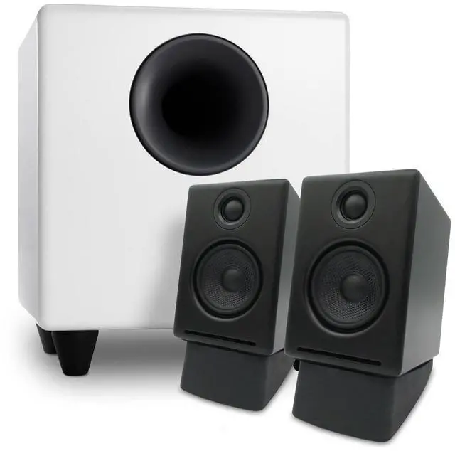 Main image of Audioengine A2 Black Desktop Speakers with S8 White Subwoofer and DS1 Stands