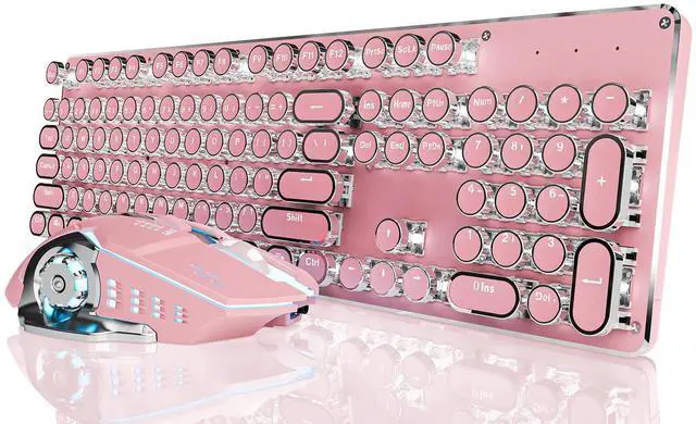 Main image of EWEADN TK950 Wireless Typewriter Keyboard and Mouse Combo, 104 Keys Retro Typewriter Mechanical Keyboard with White Backlit, Anti-Ghosting, Blue Switch, Bluetooth/2.4G/Wired Cute Gaming Keyboard-Pink
