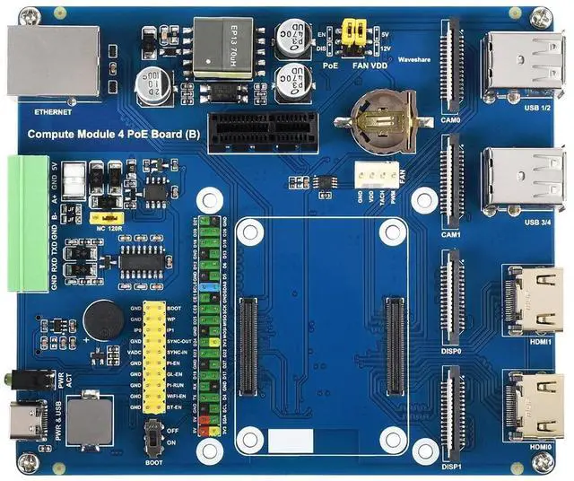 Main image of Waveshare Raspberry Pi Compute Module 4 IO Board with PoE Feature (Type B) Suitable for Variants of CM4