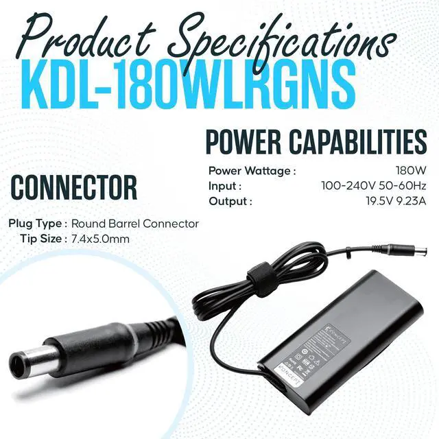 Alt view image 4 of 5 - Laptop Charger 180W (UL Safety Certified) 19.5V 9.23A Power Supply Fit for Dell Alienware M17 R1 R2 R3 R4 R5 M17X R2 R3 M18X Area-51m R2 G5 G7 Gaming Laptop Power Cord AC Adapter (KDL-180WLRGNS)