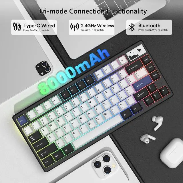 Alt view image 3 of 5 - Womier 75% Keyboard Wireless, Creamy Mechanical Keyboard Gaming, CNC Aluminum with 8000mAh Battery, QMK/VIA Tri-Mode Key Board Custom Hot Swappable RGB Backlit for Windows/Mac/PC (SK71 PRO-Black)