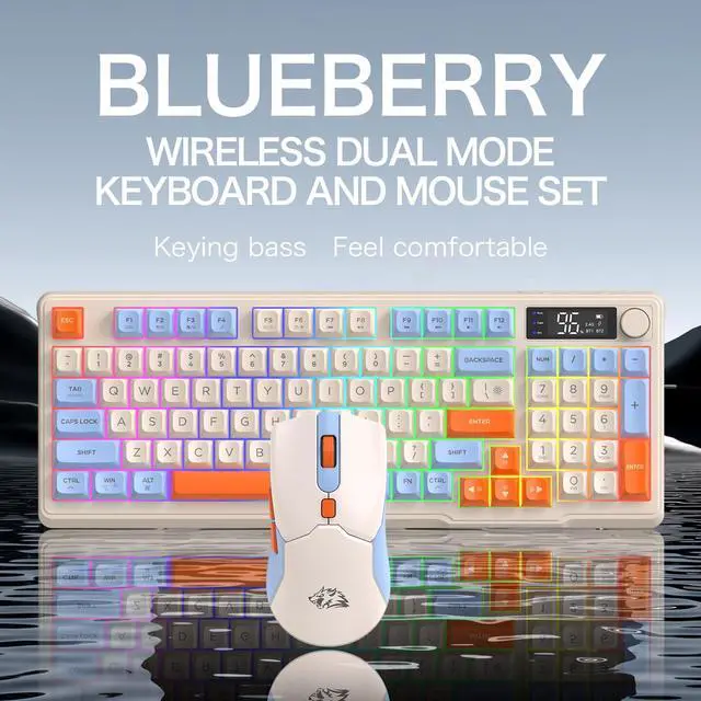 Alt view image 2 of 5 - FREEWOLF T96 Smart Display Wireless Gaming Keyboard and Mouse Comb, 94Key LED Lighting Rechargeable Silent Membrane Keyboard with Knobs, 2000mAh Battery, 6-Button 4KDPI Mouse for Win/Mac(Blueberry)
