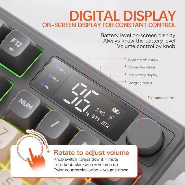 Alt view image 4 of 5 - FREEWOLF T96 Smart Display Wireless Gaming Keyboard and Mouse Comb, 94Key LED Lighting Rechargeable Silent Membrane Keyboard with Knobs, 2000mAh Battery, 6-Button 4KDPI Mouse for Win/Mac(Blueberry)