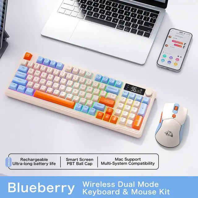 Alt view image 5 of 5 - FREEWOLF T96 Smart Display Wireless Gaming Keyboard and Mouse Comb, 94Key LED Lighting Rechargeable Silent Membrane Keyboard with Knobs, 2000mAh Battery, 6-Button 4KDPI Mouse for Win/Mac(Blueberry)