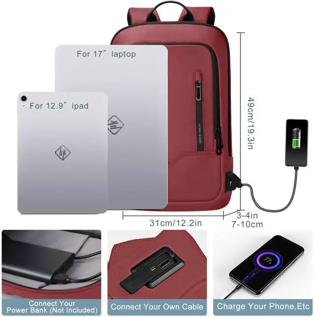 Alt view image 2 of 5 - hk Backpack for Men Business Slim Backpack with USB Charger Computer Lightweight Anti-theft Travel (Red, 17.3 Inch)
